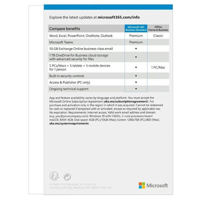 MICROSOFT 365 BUSINESS STANDARD SUBSCRIPTION MEDIALESS
